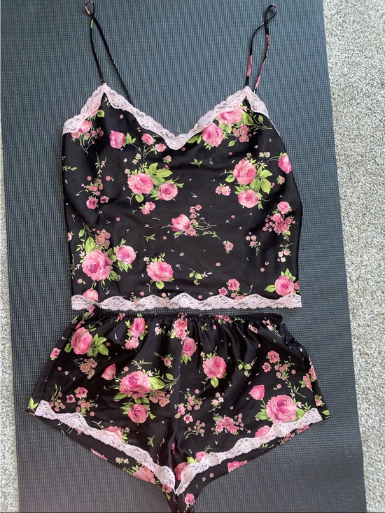 Victoria's Secret Other - Vintage Victoria's Secret Black Floral Satin Cami & Shorts Set with Pink Lace